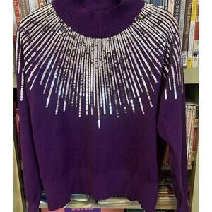 Oliver O Purple Silver Sequin Sweater Mock Neck Small S Super Soft